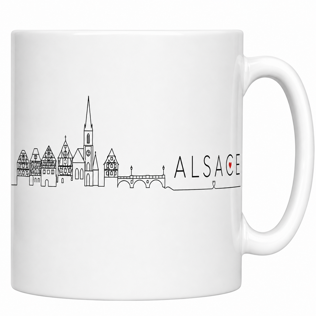 Mug Alsace skyline en céramique blanche, colombages et cathédrale de Strasbourg au trait noir