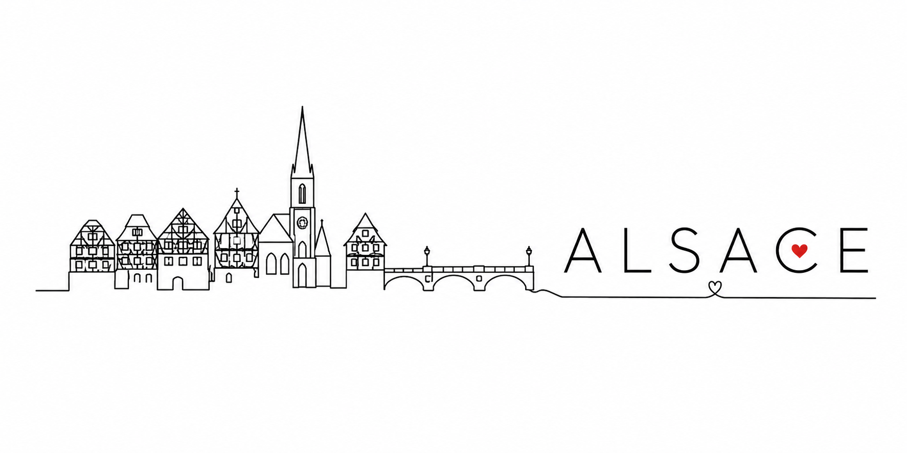 Visuel Alsace line art : maisons à colombages, flèche de la cathédrale, pont et cœur rouge dans le mot