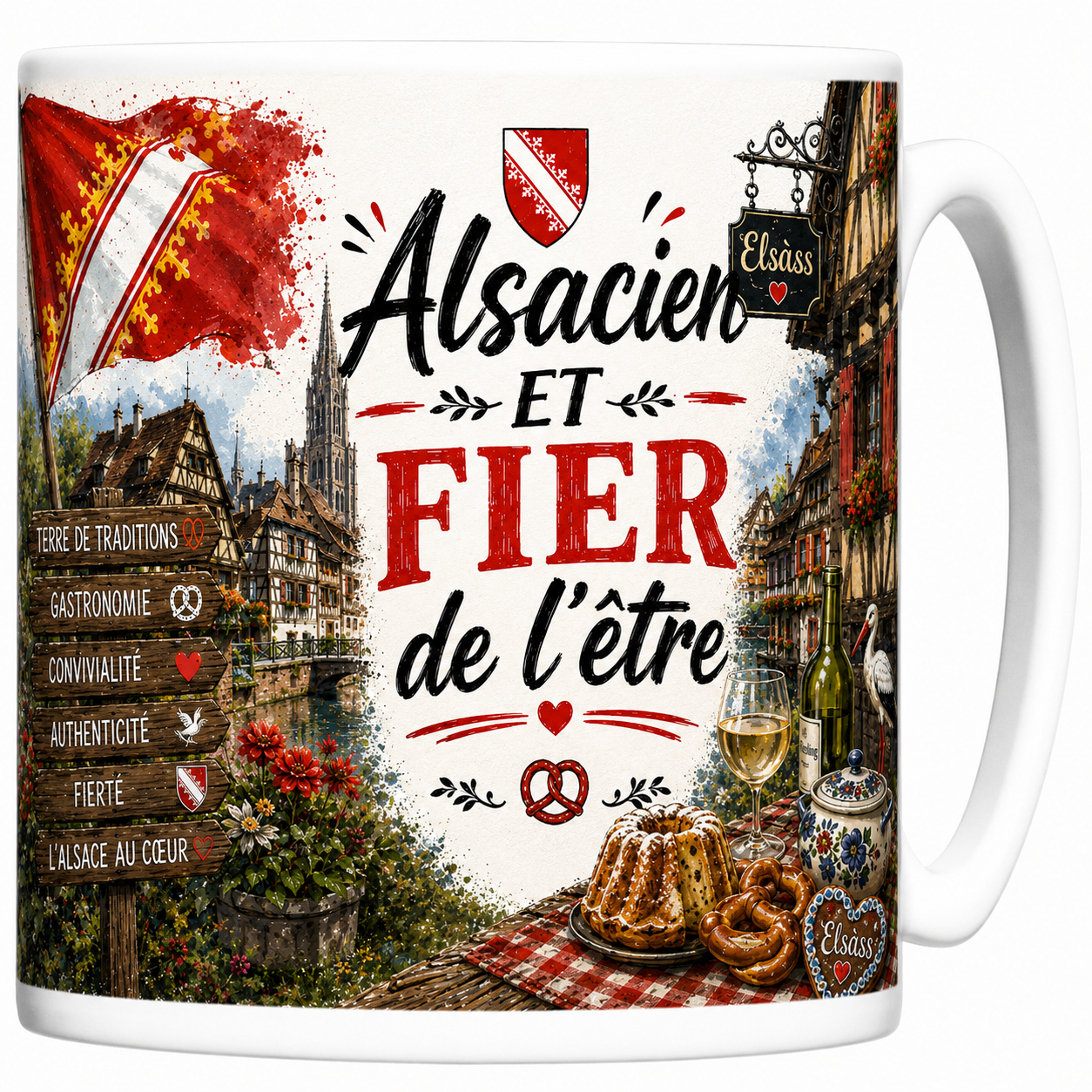 Mug Alsacien et fier de l'être en céramique, colombages de Strasbourg, cigogne et kouglof