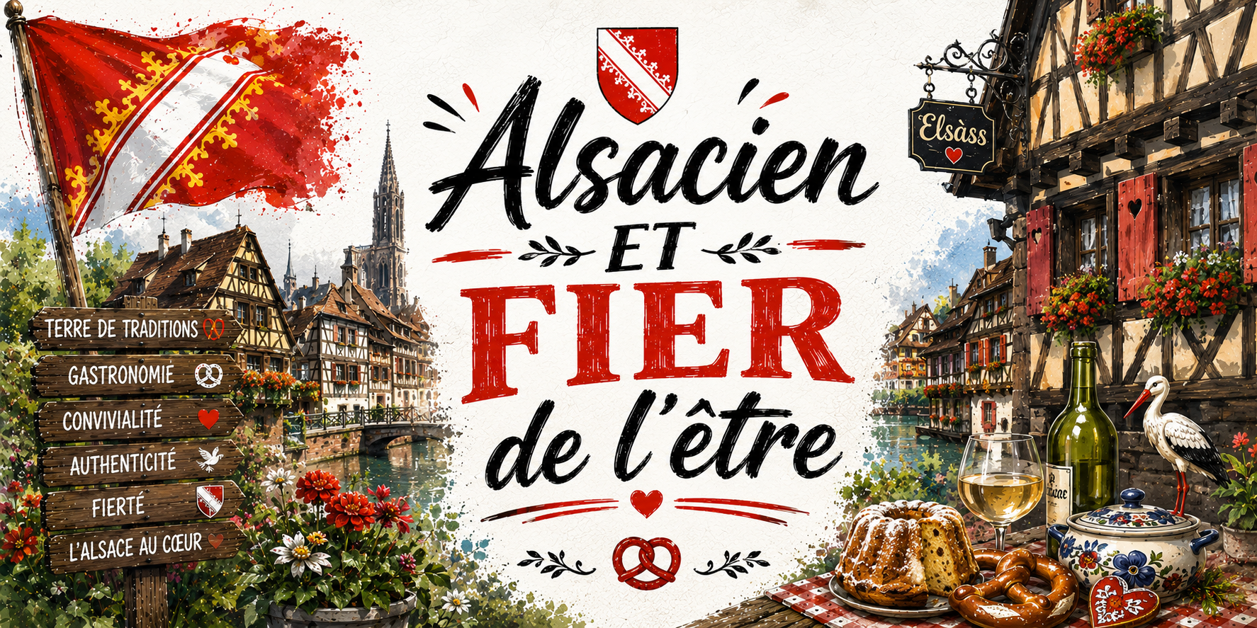 Visuel Alsacien et fier de l'être : Petite France, cathédrale, kouglof, bretzel, cigogne et vin blanc