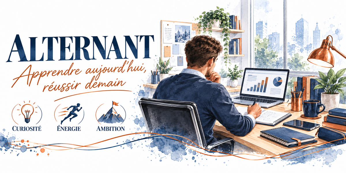 Aquarelle alternant : le mot ALTERNANT en capitales bleu marine et la mention manuscrite orange Apprendre Aujourd'hui, Réussir Demain, un jeune homme en pull bleu marine assis de trois quarts dos à son bureau, ordinateur portable affichant des graphiques, carnets empilés, tasse bleue et pot à crayons, plantes et lampe cuivrée, étagères garnies, baies vitrées sur la ville, trois pastilles — curiosité, énergie, ambition