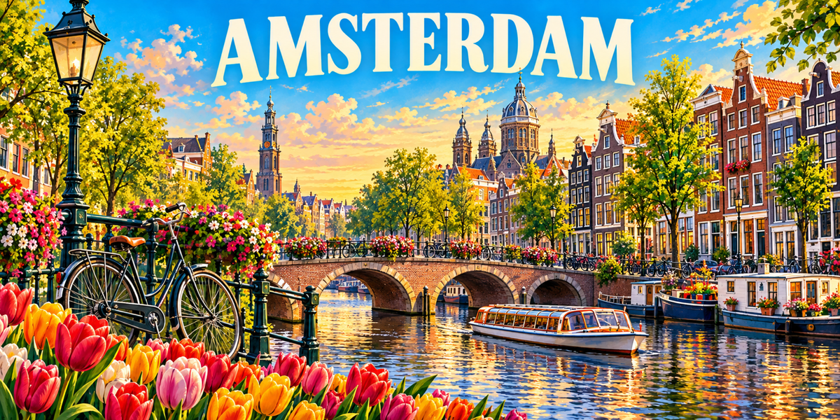 Visuel « AMSTERDAM » : canal et pont de brique, vélo fleuri, tulipes et pignons penchés