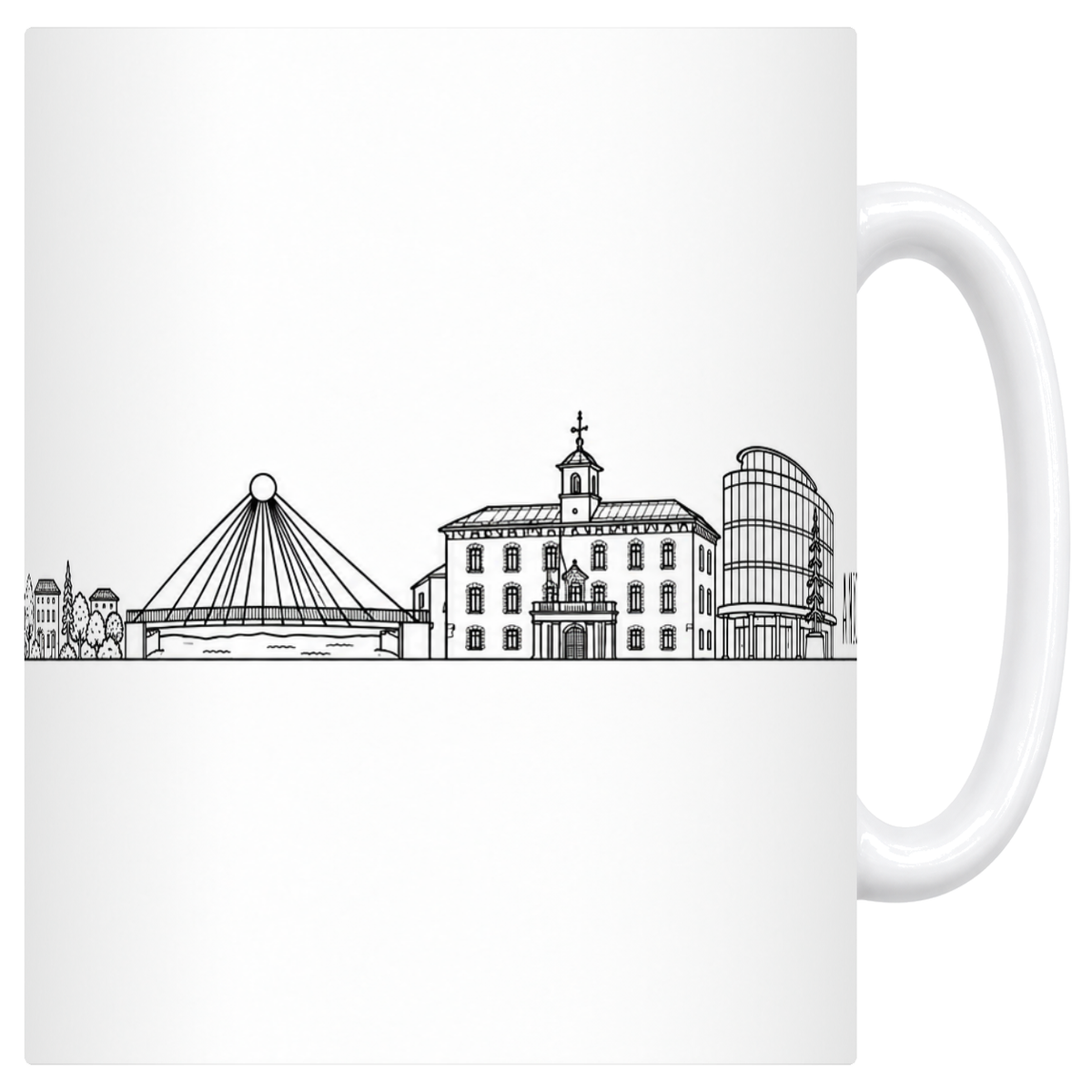 Mug blanc en céramique 330 ml illustré du skyline d'Andorre-la-Vieille au trait noir : l'église romane et son clocher carré, la rotonde à toiture tendue, le grand bâtiment à toit d'ardoise et le demi-cylindre de verre