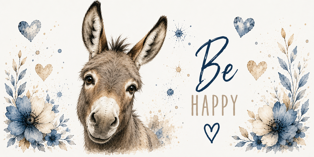 Visuel âne Be Happy : ânon gris de face, museau clair, fleurs bleues, cœurs bleus et beiges