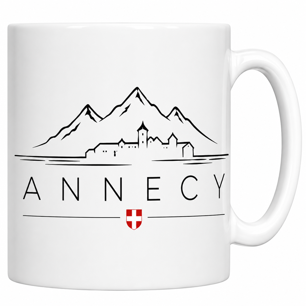 Mug Annecy skyline en céramique blanche, château sur le lac et montagnes au trait