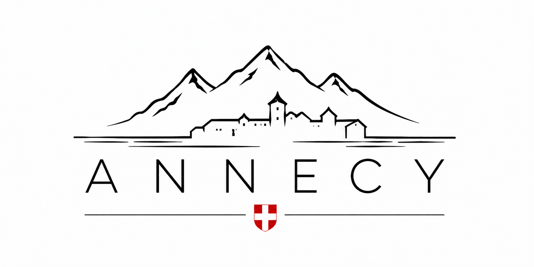 Visuel Annecy : château reflété dans le lac, sommets à l'encre, ANNECY espacé et écusson savoyard