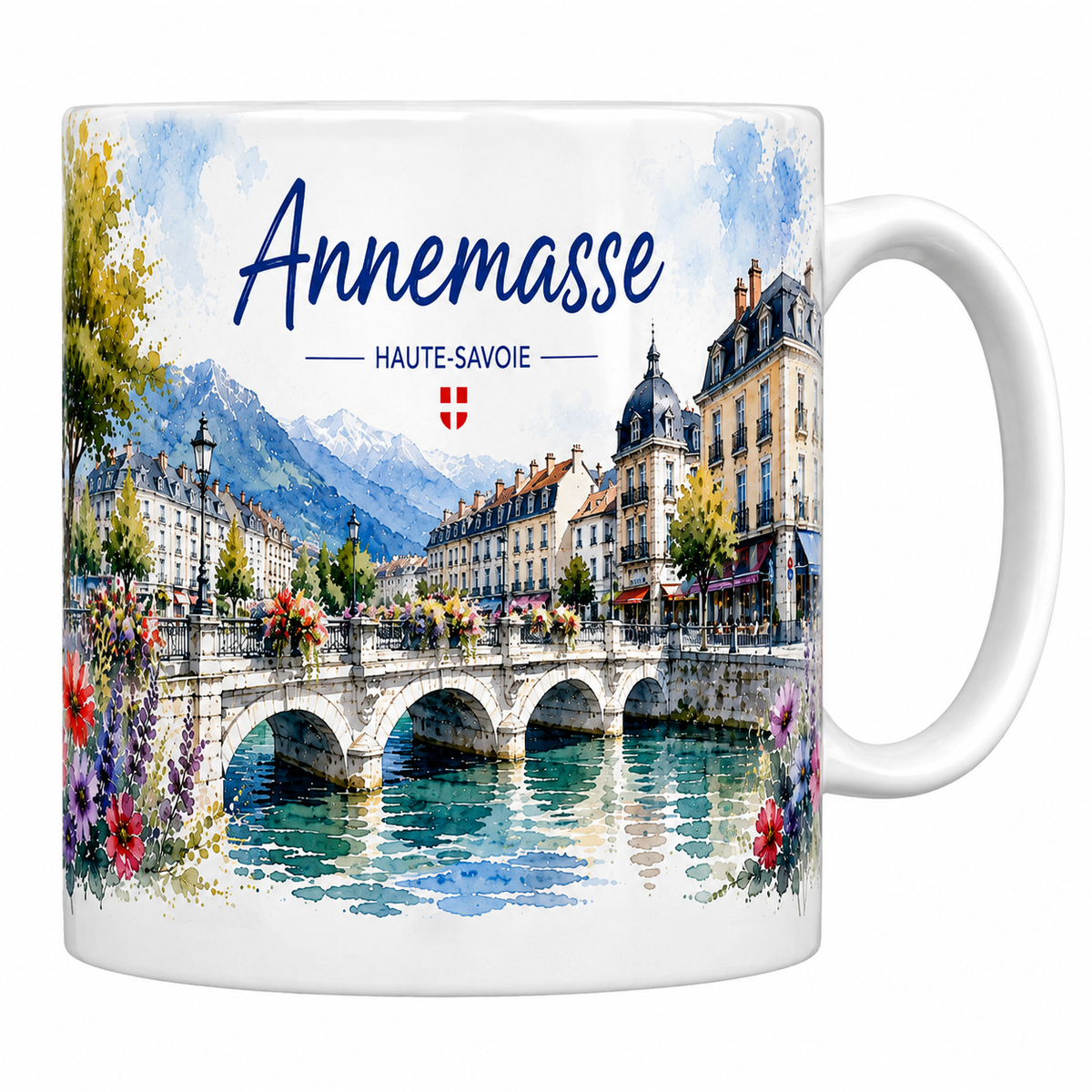 Mug céramique blanc Annemasse : pont fleuri de géraniums, écusson savoyard et Alpes à l'horizon en aquarelle