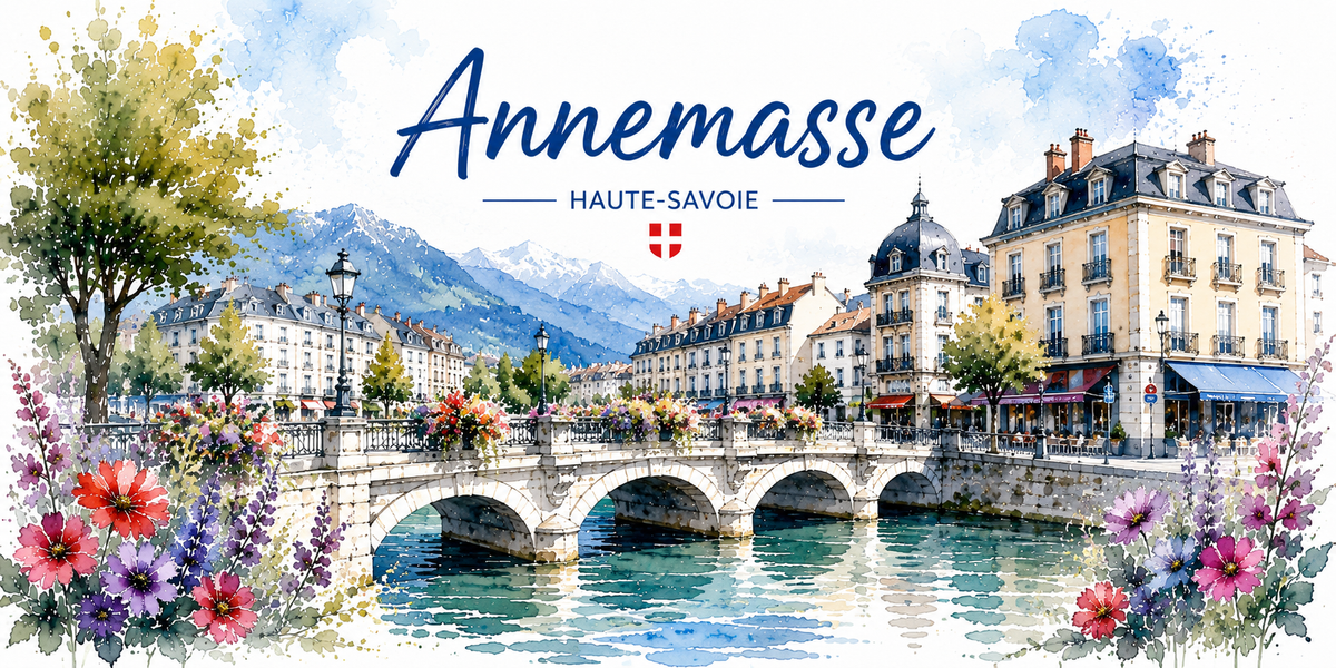 Design du mug Annemasse à l'encre bleue : pont de pierre, façades Belle Époque et montagnes de Haute-Savoie