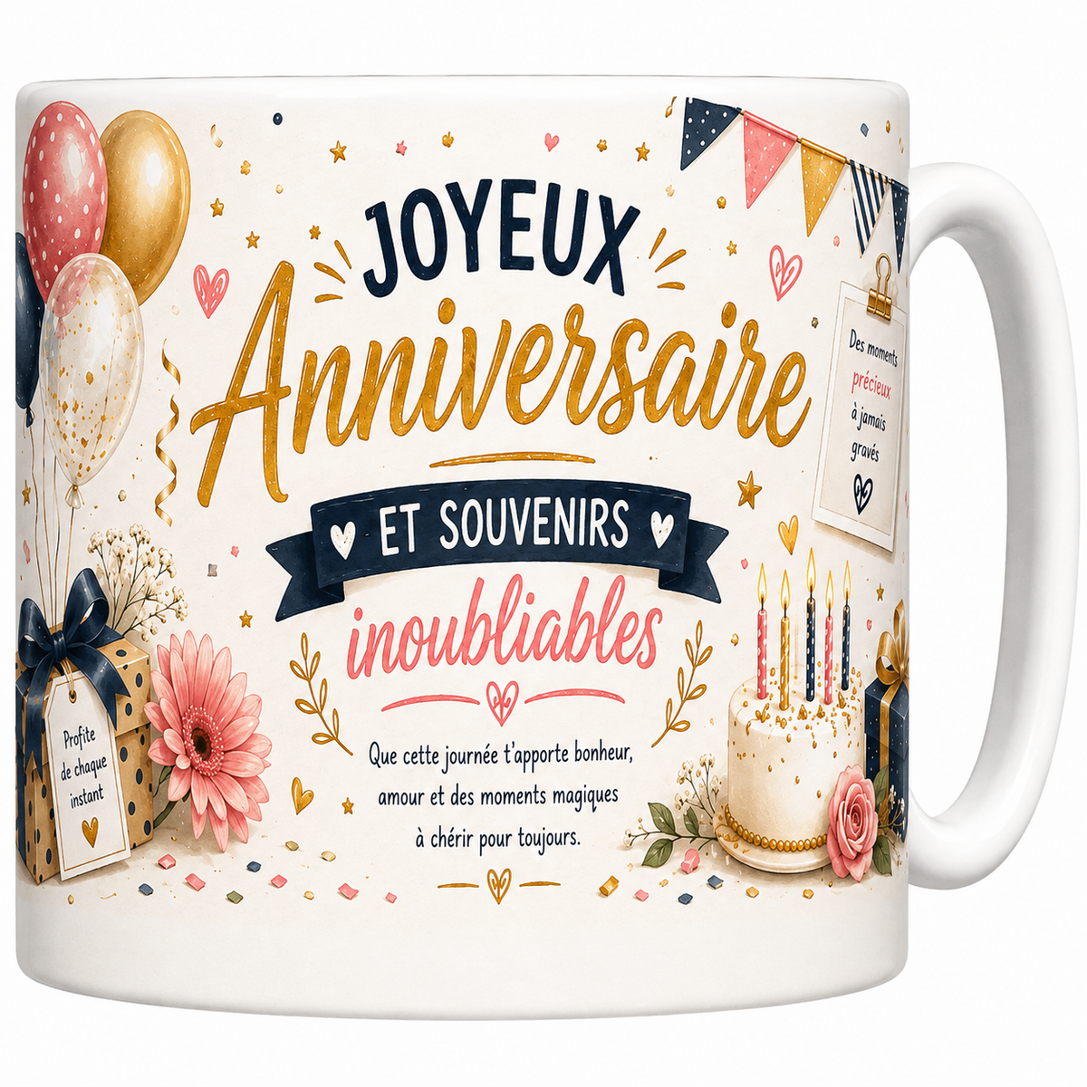 Mug céramique blanc Joyeux Anniversaire « et souvenirs inoubliables » : ballons, gâteau et fanions