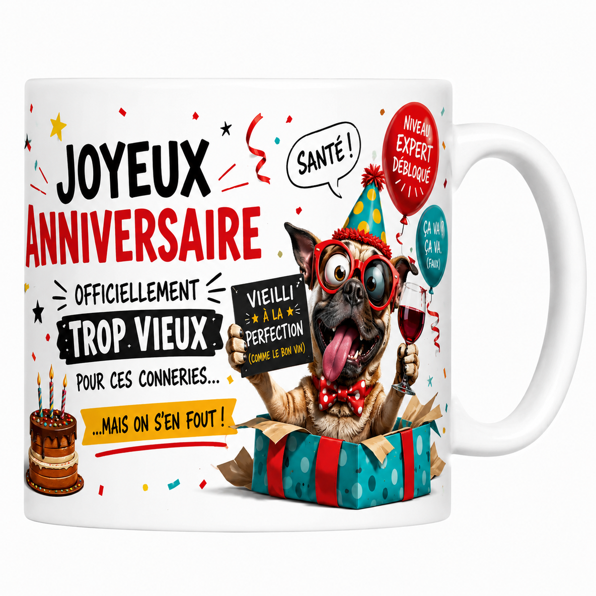 Mug céramique 330 ml humour « Officiellement trop vieux pour ces conneries » avec carlin fêtard