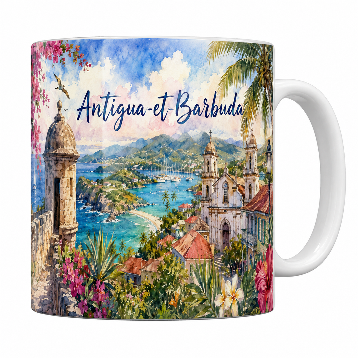 Mug céramique 330 ml Antigua-et-Barbuda aquarelle : guérite du fort, English Harbour et église coloniale