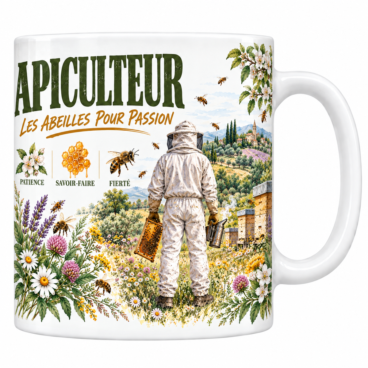 Mug apiculteur en céramique blanche 330 ml, aquarelle champêtre, le mot APICULTEUR en grand et la mention manuscrite Les Abeilles pour Passion, un apiculteur en combinaison blanche vu de dos devant son rucher, trois valeurs patience, savoir-faire, fierté