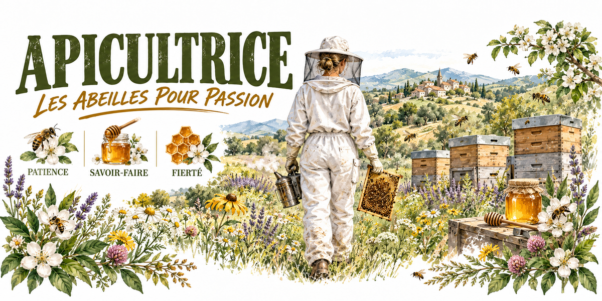 Aquarelle apicultrice : le mot APICULTRICE en capitales vert foncé et la mention manuscrite Les Abeilles pour Passion, une apicultrice en combinaison blanche et voile vue de dos, cadre de ruche à la main, ruches en bois alignées, table garnie de pots de miel, abeilles en vol, arbres en fleurs et collines au loin, trois vignettes — abeille patience, pot de miel savoir-faire, rayon d'alvéoles fierté — et une bordure de lavande, de trèfle et de fleurs jaunes