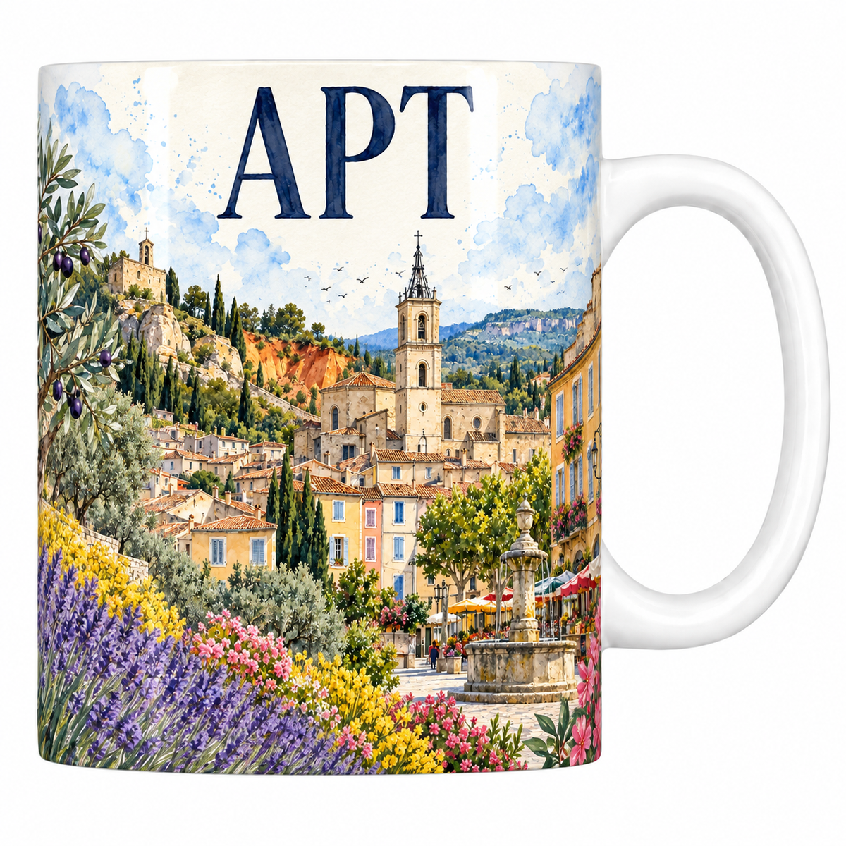 Mug céramique 330 ml Apt : le clocher de Sainte-Anne et les ocres en aquarelle