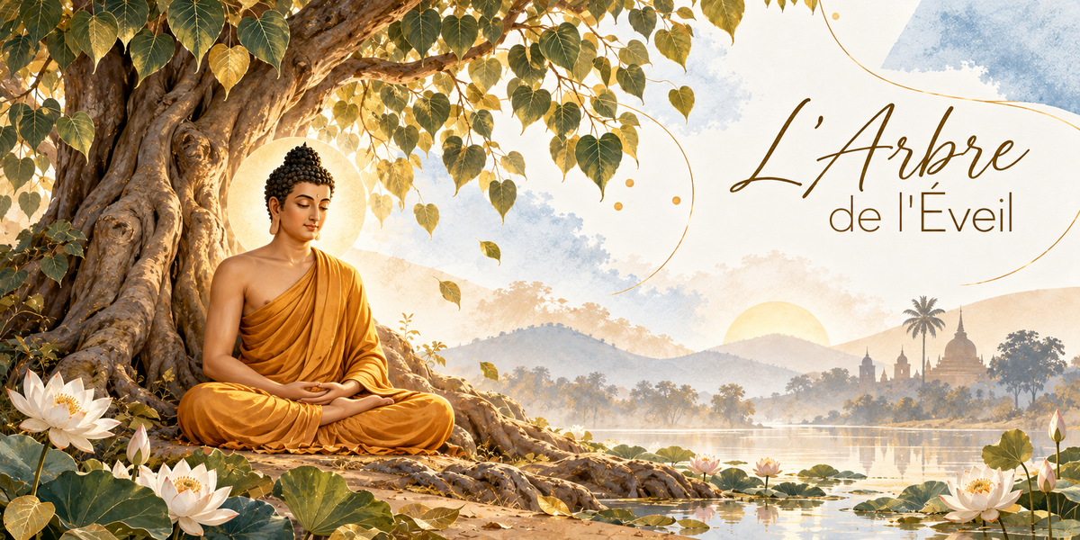 Visuel aquarellé de l'Arbre de l'Éveil, le Bouddha assis en méditation, drapé de safran et nimbé d'une auréole dorée, adossé au tronc noueux d'un grand figuier aux feuilles en forme de cœur, un plan d'eau semé de lotus blancs et roses devant lui, les collines bleutées et un stupa doré au loin dans la lumière du lever du jour, des feuillages en bordure et le titre L'Arbre de l'Éveil en lettres dorées