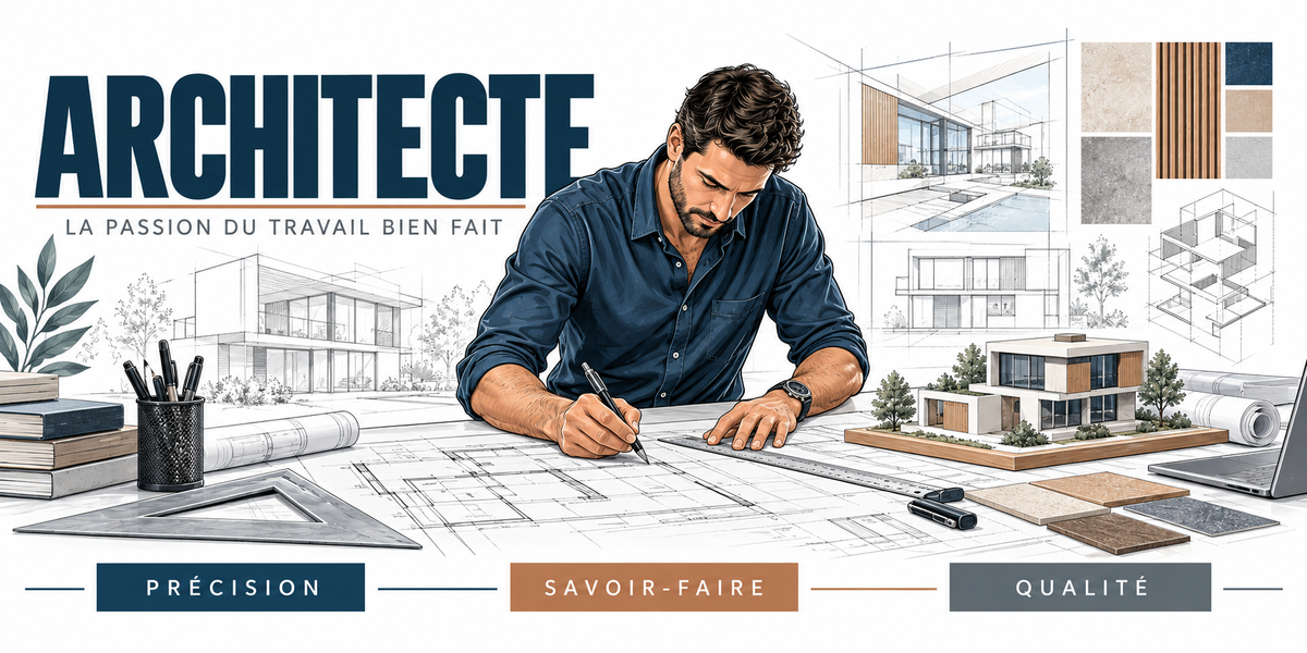Illustration architecte : homme dessinant à la règle sur des plans d'élévation, maquette de maison contemporaine, échantillons de bois et de béton, croquis en perspective