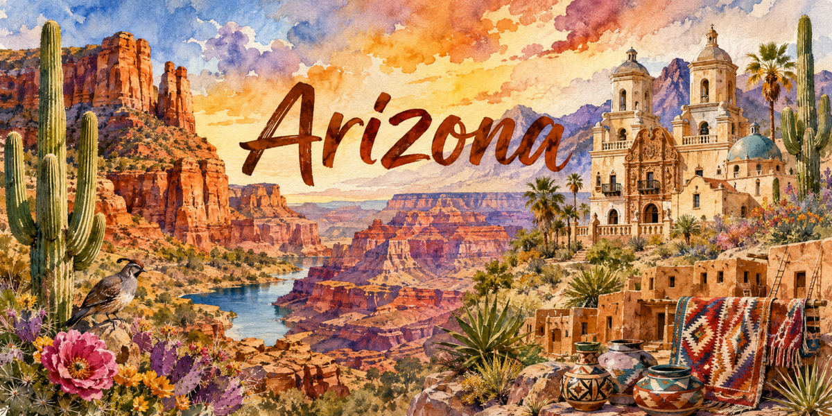Visuel Arizona aquarelle : Grand Canyon, saguaros, mission San Xavier, pueblo adobe et tapis navajo