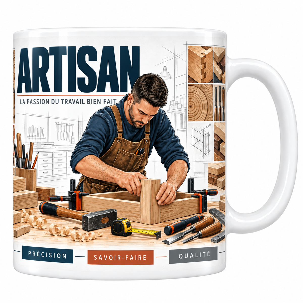 Mug artisan en céramique blanche 330 ml, illustration d'un artisan en tablier de cuir ajustant un assemblage en bois à l'établi, outils et copeaux, titre ARTISAN bleu marine