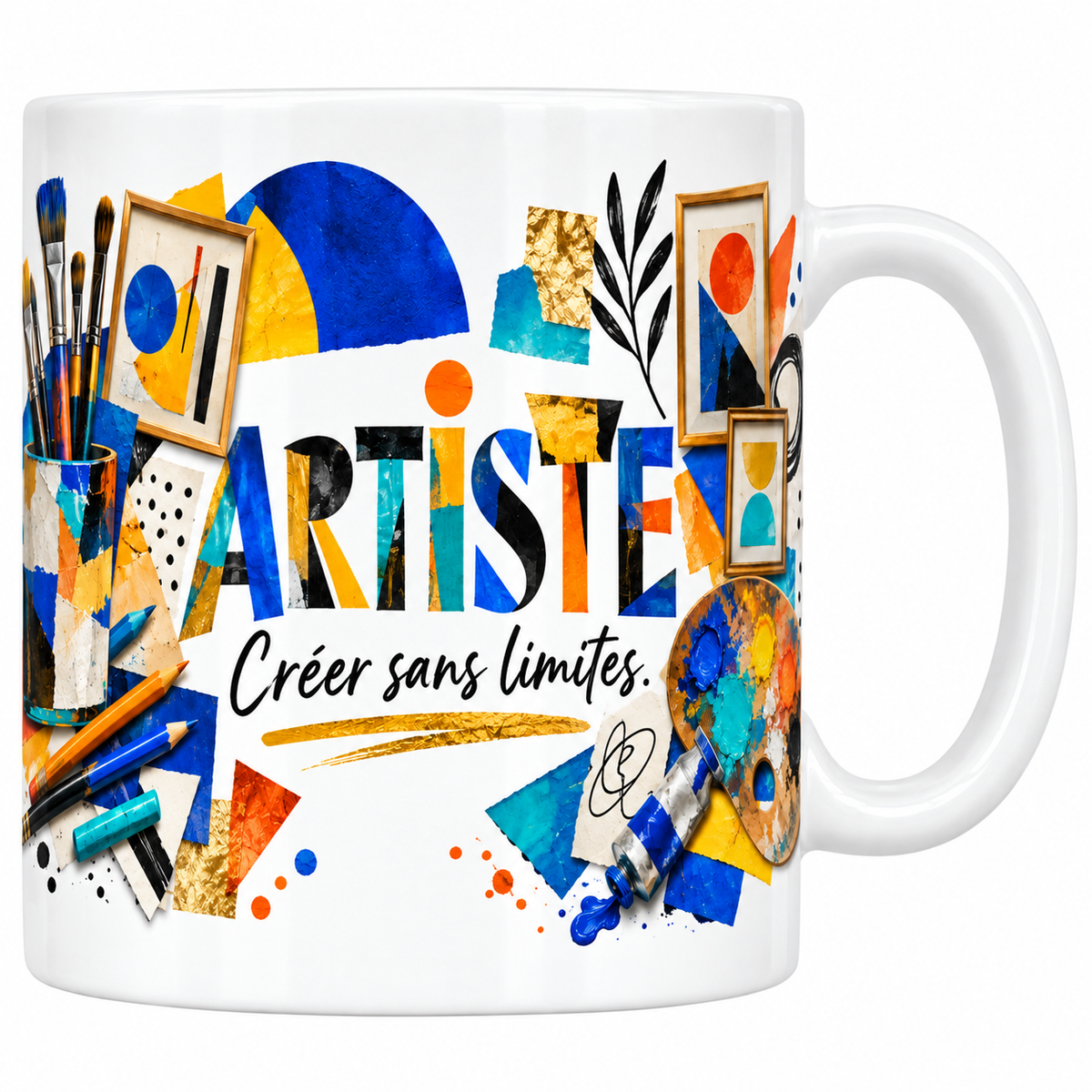 Mug artiste en céramique blanche 330 ml, le mot ARTISTE en capitales découpées façon collage bleu, orange, doré et turquoise, la devise manuscrite Créer sans limites soulignée d'or, un pot de pinceaux, des crayons, des cadres et une palette chargée de peinture