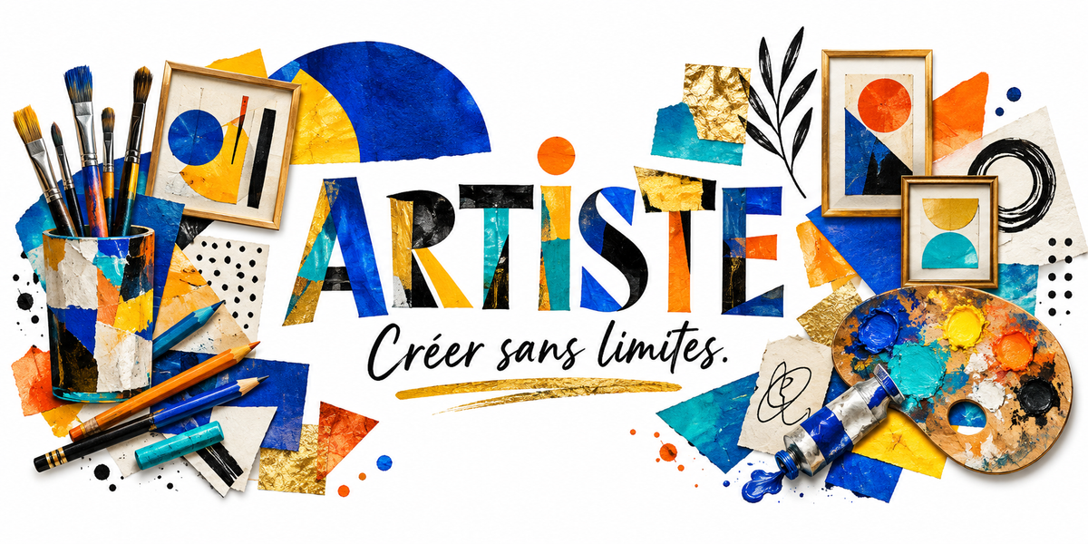 Visuel artiste : le mot ARTISTE en grandes capitales découpées façon collage de papier, chaque lettre dans une couleur et une texture différentes, bleu outremer, orange, doré et turquoise, la devise manuscrite Créer sans limites soulignée d'un trait d'or, un pot de pinceaux et de crayons, des feutres, des cadres accrochés, des formes géométriques de papier découpé, une feuille de laurier à l'encre et une palette chargée de godets de peinture avec son tube