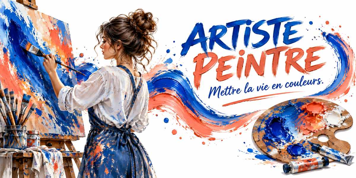 Visuel artiste peintre : le mot ARTISTE en grandes capitales bleu roi et PEINTRE en capitales italiques corail, la devise bleue Mettre la vie en couleurs en dessous, de grands coups de pinceau bleus et corail traversant l'image, une peintre au chignon, en chemise blanche et tablier taché, peignant de profil sur une toile posée au chevalet, une palette en bois chargée de bleu, de blanc et d'orange, des tubes de peinture et un pot de pinceaux