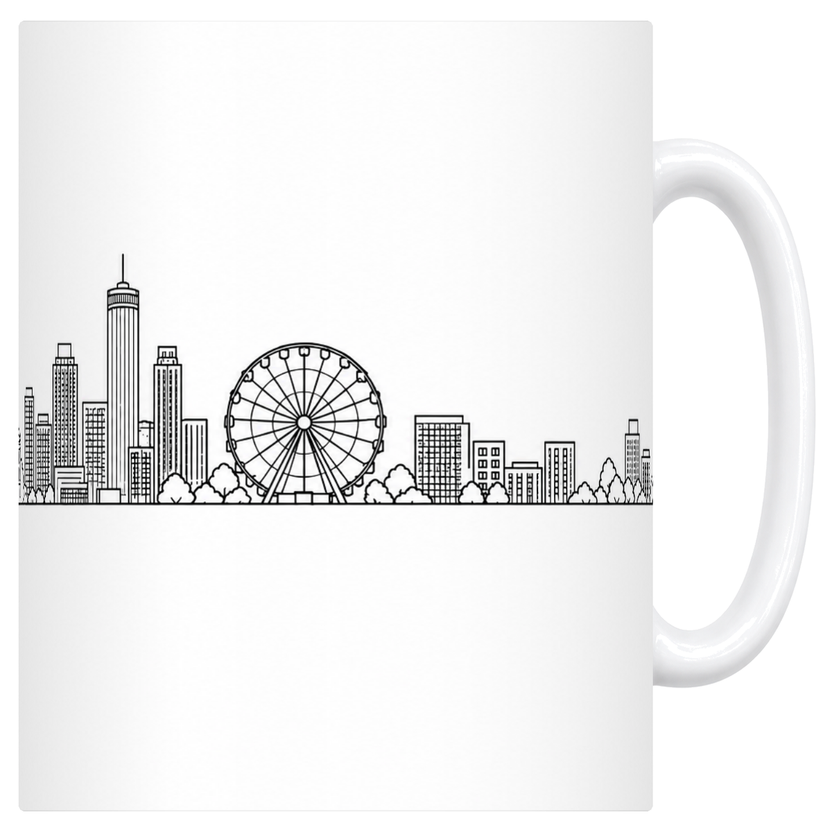 Mug blanc en céramique 330 ml illustré du skyline d'Atlanta au trait noir : le Capitole et sa coupole à statue, les gratte-ciel de Midtown et la grande roue