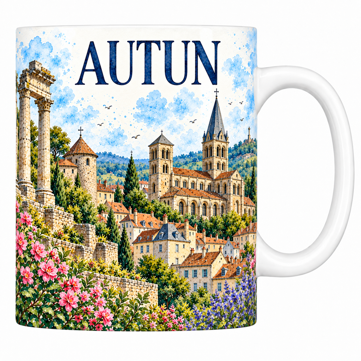 Mug en céramique blanche 330 ml illustré à l'aquarelle de la cathédrale Saint-Lazare d'Autun et des vestiges romains