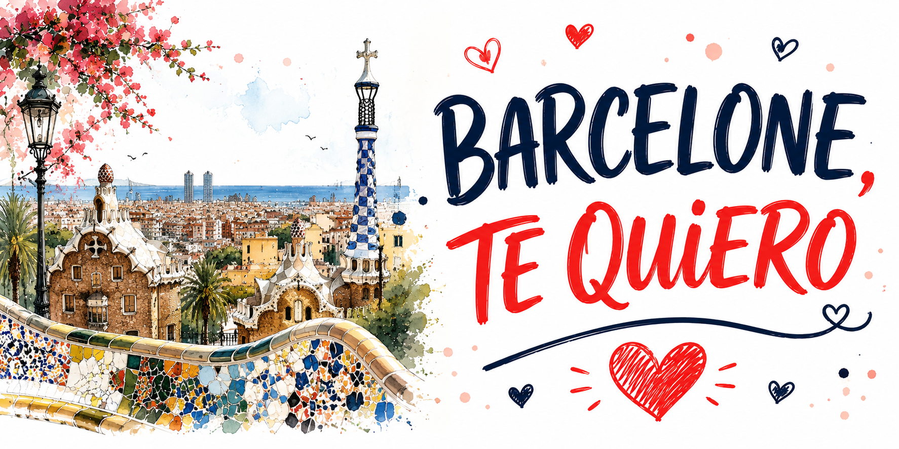 Visuel Barcelone te quiero : Sagrada Família, banc en trencadis, bougainvilliers et Méditerranée