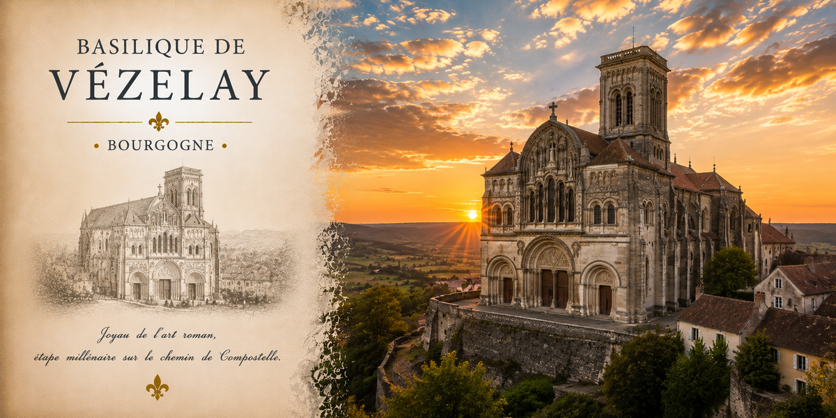 Visuel photo Basilique de Vézelay Bourgogne : nef romane dorée au crépuscule et croquis au crayon