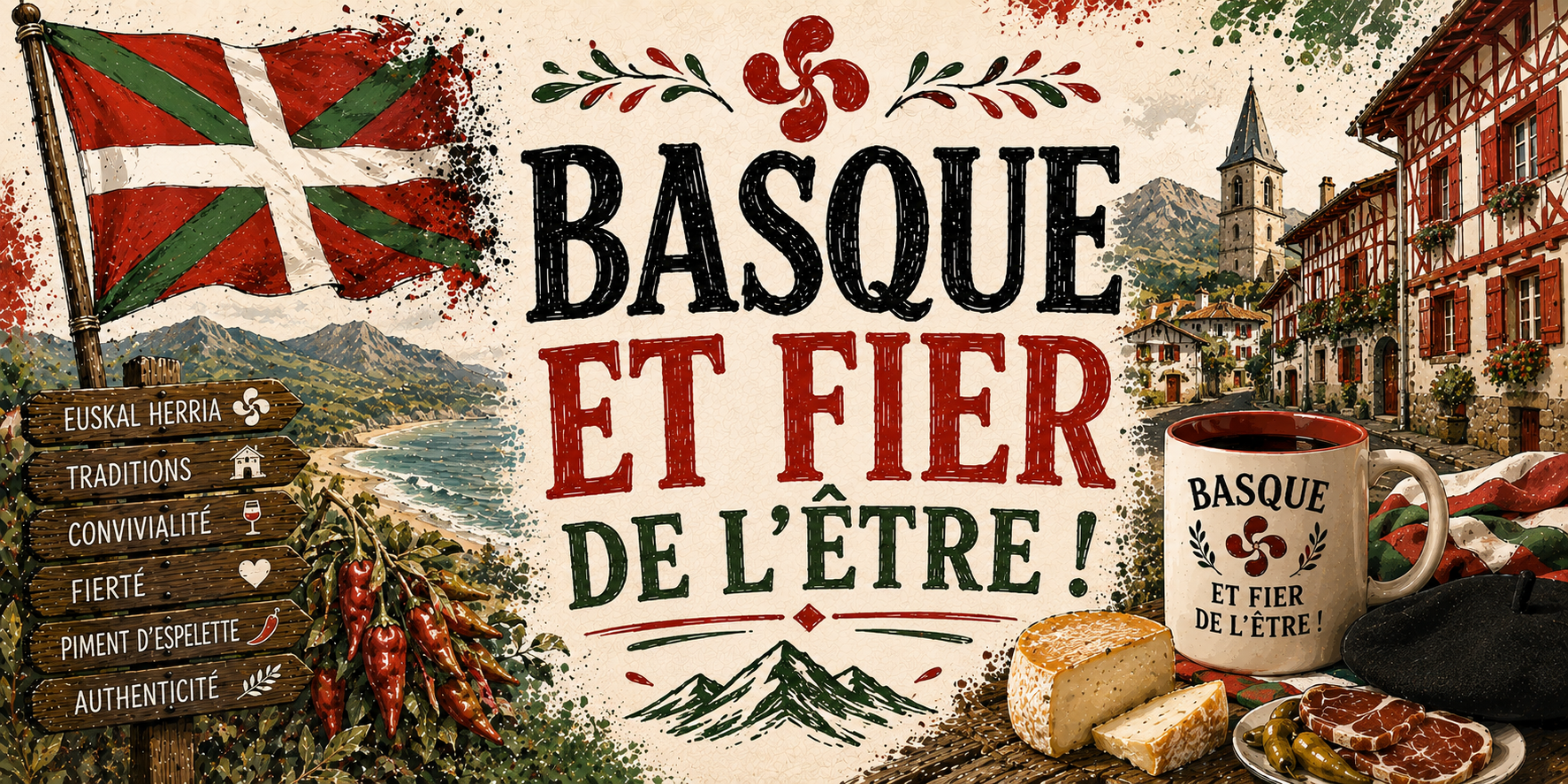 Visuel Basque et fier de l'être : côte, maisons rouge et blanc, piments d'Espelette, ossau-iraty et béret