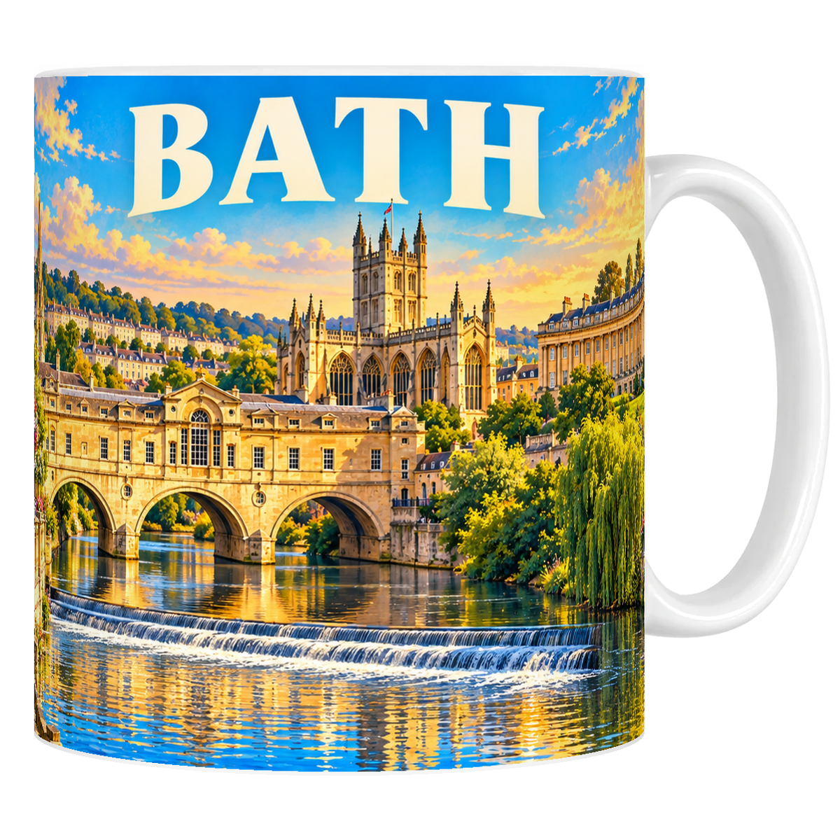 Mug en céramique blanche 330 ml illustré du Pulteney Bridge de Bath et du Royal Crescent, style affiche vintage