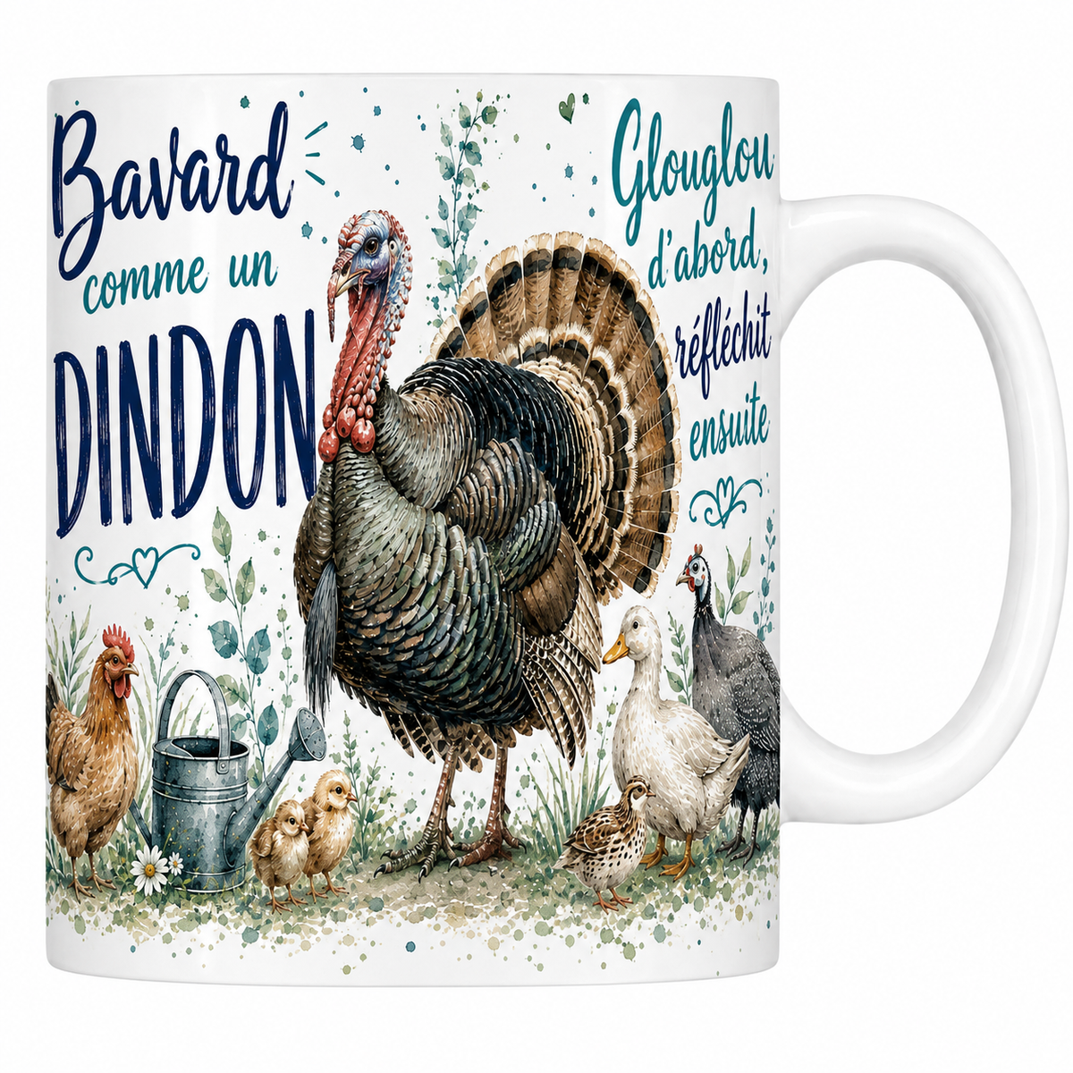 Mug céramique blanc « Bavard comme un dindon », dindon à la queue en éventail à l'aquarelle