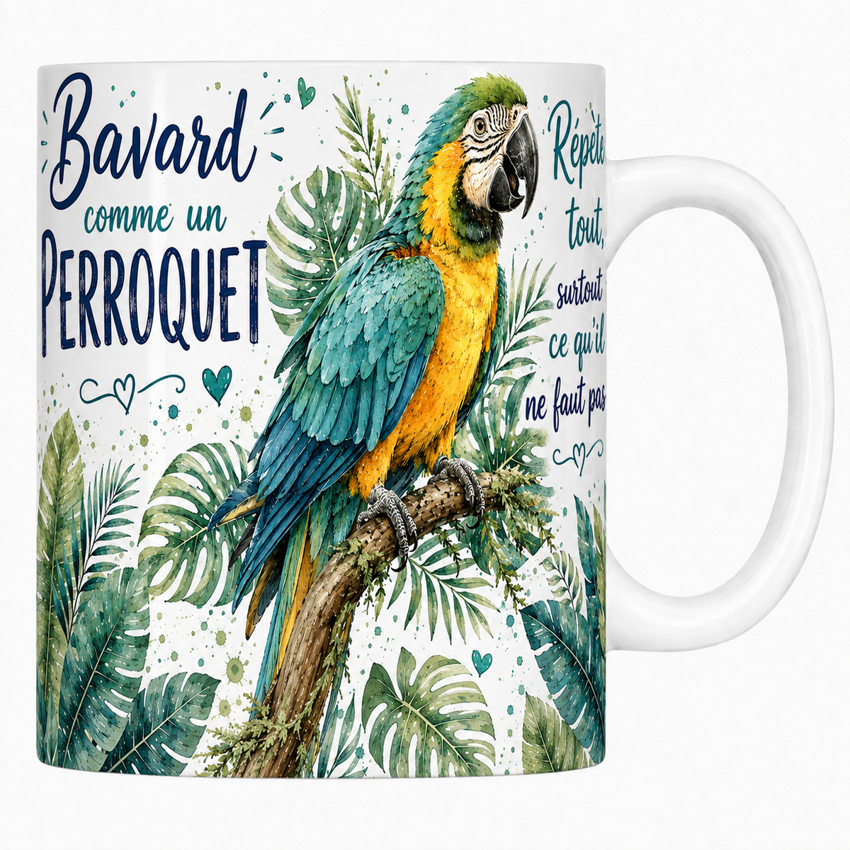 Mug céramique blanc « Bavard comme un perroquet », ara bleu et jaune sur sa branche à l'aquarelle