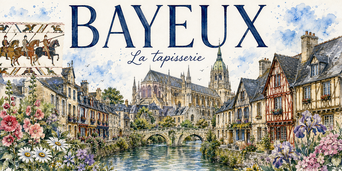 Visuel aquarelle « BAYEUX — La tapisserie » : cathédrale, colombages, moulin sur l'Aure et broderie