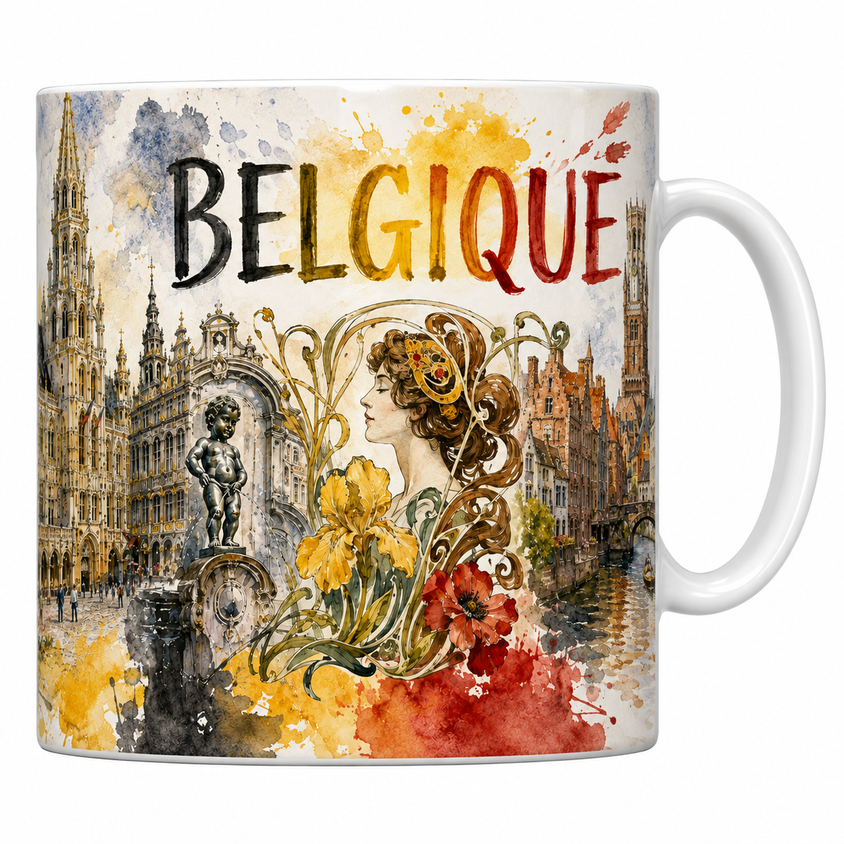 Mug céramique 330 ml Belgique aquarelle : Grand-Place de Bruxelles, Manneken-Pis et beffroi de Bruges