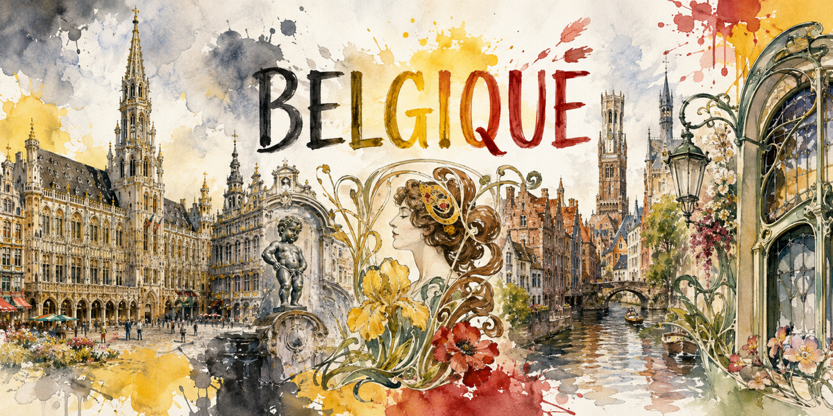 Visuel Belgique aquarelle : façades à pignons de la Grand-Place, canal de Bruges et arche Art nouveau