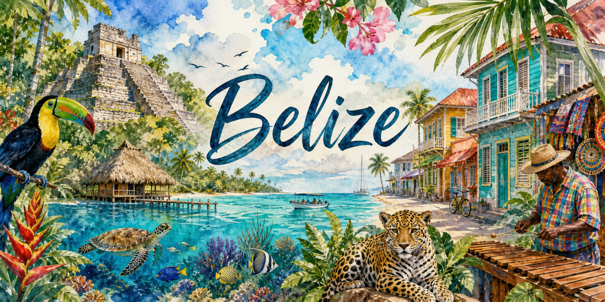 Visuel Belize aquarelle : pyramide maya, récif corallien, toucan, jaguar et joueur de marimba