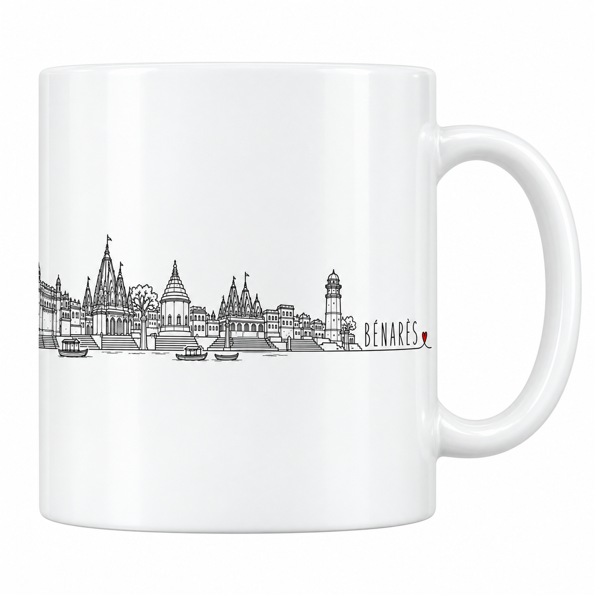 Mug blanc en céramique 330 ml illustré du skyline de Bénarès au trait noir : les tours des temples et leurs drapeaux, les marches des ghats, les barques sur le Gange et le haut minaret