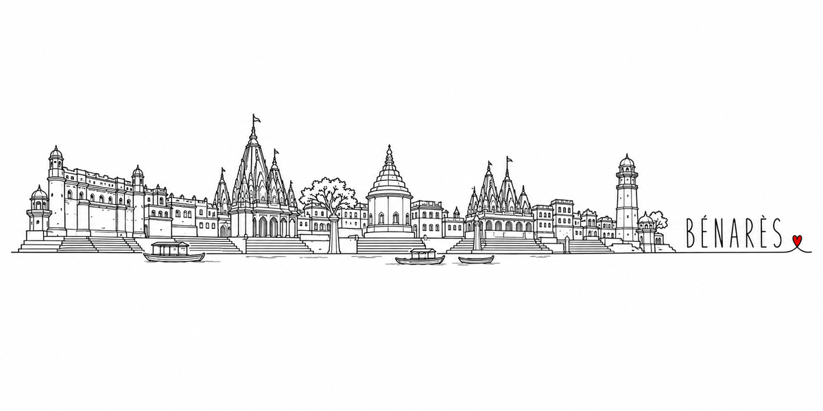 Skyline de Bénarès dessiné au trait noir continu, de gauche à droite : le grand palais fortifié des ghats et ses tourelles, les marches qui descendent au Gange, les barques, les tours de temples et leurs drapeaux, le grand arbre, le pavillon à coupole, d'autres flèches de temples, le haut minaret qui dépasse tout et les petits sanctuaires — avec le nom BÉNARÈS en capitales espacées et un petit cœur rouge