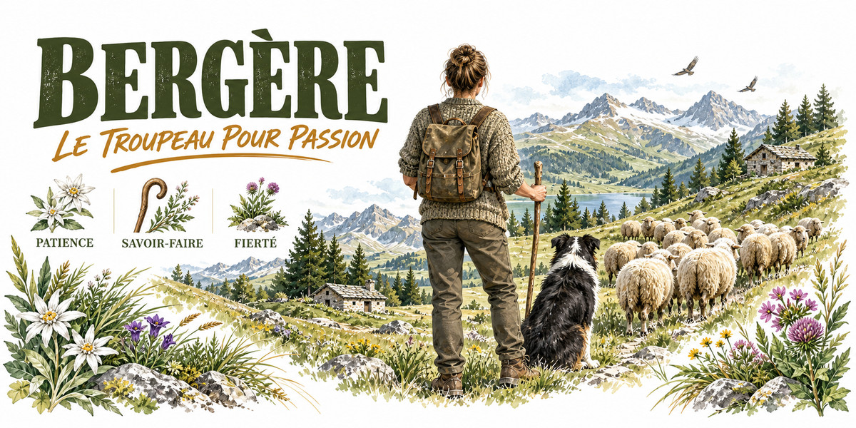 Aquarelle bergère : le mot BERGÈRE en capitales vert foncé et la mention manuscrite Le Troupeau pour Passion, une bergère en veste kaki et sac à dos vue de dos, houlette à la main, chien noir et blanc assis à côté d'elle, troupeau de moutons sur un alpage fleuri, cabane de pierre, lac et montagnes au loin, trois vignettes — edelweiss patience, houlette savoir-faire, sonnaille fierté — et une bordure d'edelweiss et de chardons roses