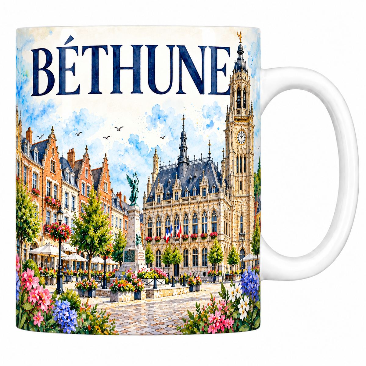 Mug blanc en céramique 330 ml illustré Béthune à l'aquarelle : le beffroi, les pignons à redents et les terrasses de la Grand-Place