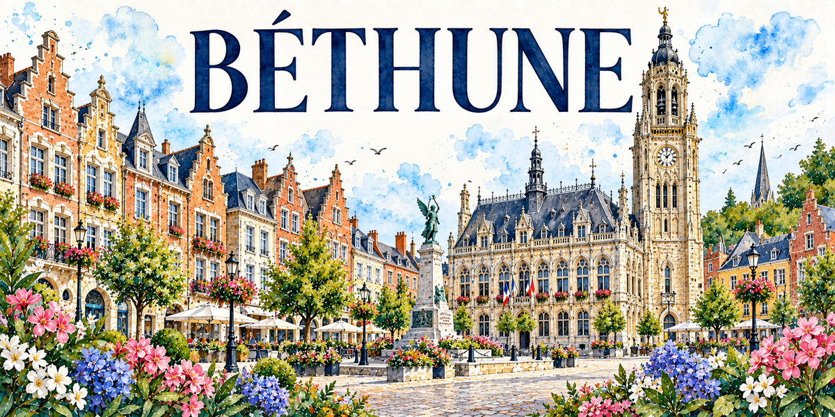 Illustration aquarelle de Béthune : maisons de brique à pignons à redents de la Grand-Place, beffroi de pierre à horloge et flèche, hôtel de ville à toit d'ardoise et drapeaux, statue sur son socle, parasols blancs des terrasses et hortensias