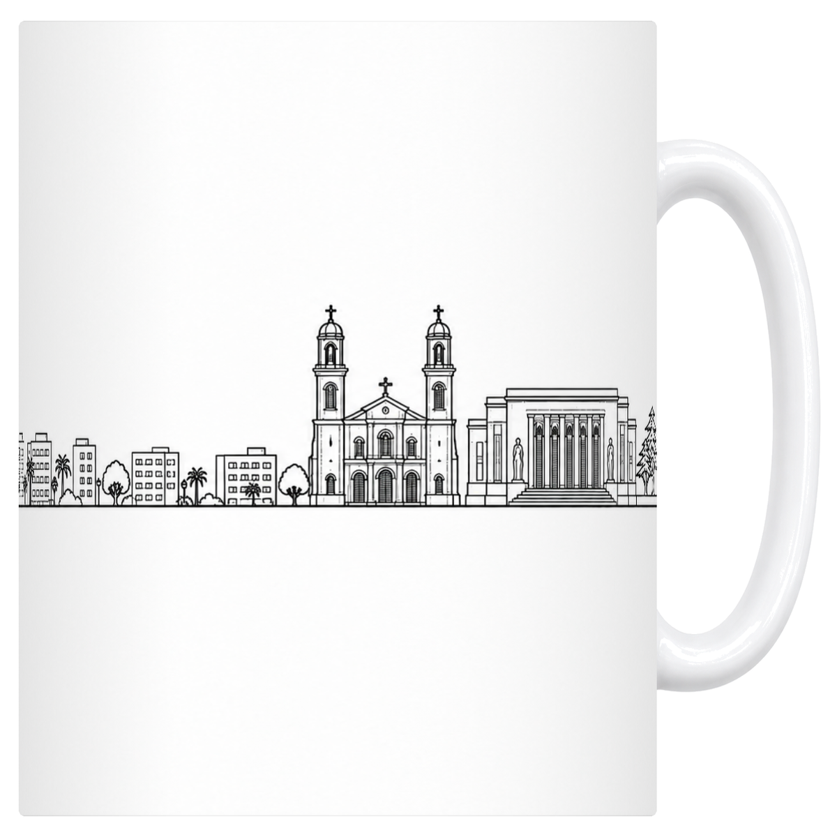 Mug blanc en céramique 330 ml illustré du skyline de Beyrouth au trait noir : les rochers de Raouché, la corniche et ses palmiers, la cathédrale à deux clochers et le cèdre du Liban
