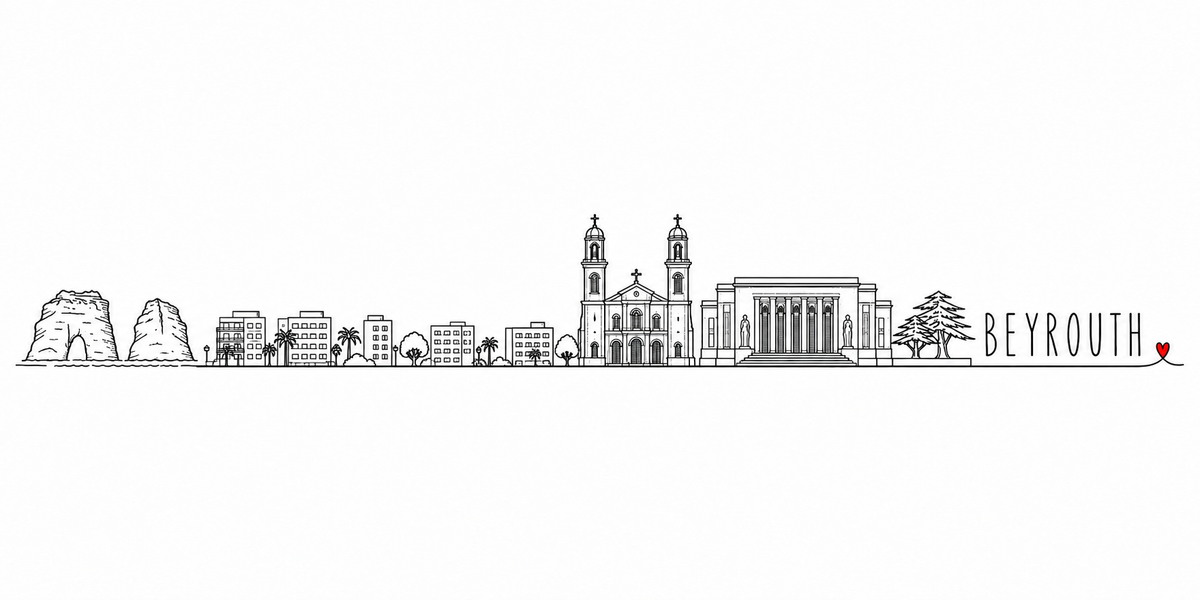 Skyline de Beyrouth dessiné au trait noir continu, de gauche à droite : les deux rochers percés de Raouché, la corniche aux palmiers, les immeubles et les arbres, la cathédrale à deux clochers et son fronton, l'édifice à colonnade et ses statues, le cèdre du Liban — avec le nom BEYROUTH en capitales espacées et un petit cœur rouge