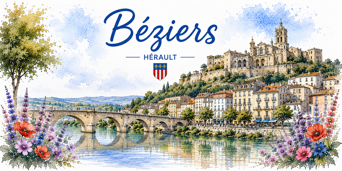 Design du mug Béziers : Saint-Nazaire sur son promontoire, arches romanes reflétées dans l'Orb et coquelicots