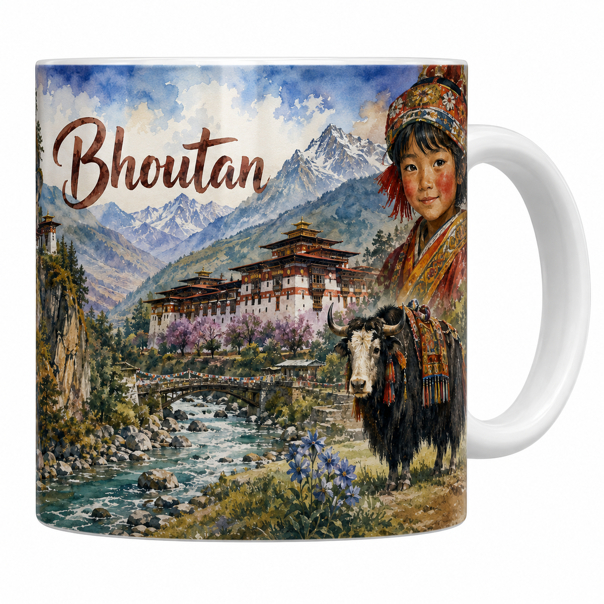Mug céramique 330 ml Bhoutan aquarelle : Taktsang, dzong de Punakha et yak