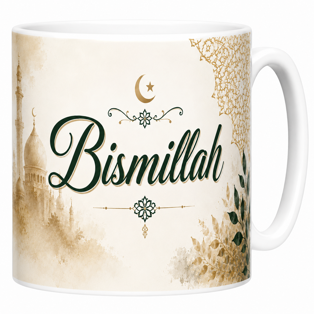 Mug Bismillah 330 ml, grande calligraphie verte, croissant doré et mosquée aquarelle