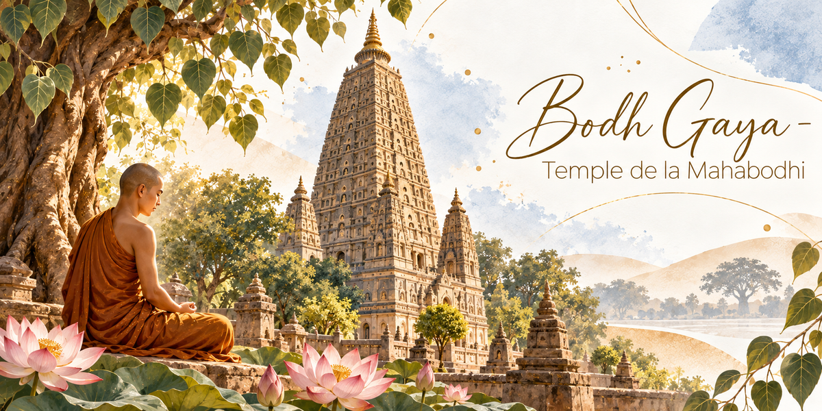 Visuel aquarellé de Bodh Gaya, un moine en robe safran assis de dos sur une terrasse de pierre, sous les branches du grand figuier, la haute tour pyramidale à degrés du temple de la Mahabodhi dressée devant lui et ses stupas votifs alentour, des lotus roses et des feuillages au premier plan, les collines et la brume à l'horizon, et le titre Bodh Gaya - Temple de la Mahabodhi en lettres dorées