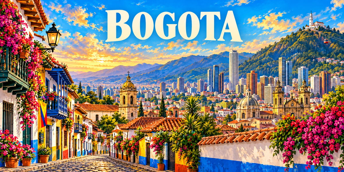 Affiche illustrée de Bogotá : ruelle coloniale de La Candelaria, coupoles d'églises, tours du centre et Monserrate sur la crête andine