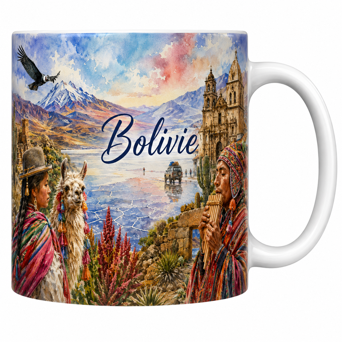 Mug céramique 330 ml Bolivie aquarelle : lac Titicaca, Andes et cholita au chapeau melon